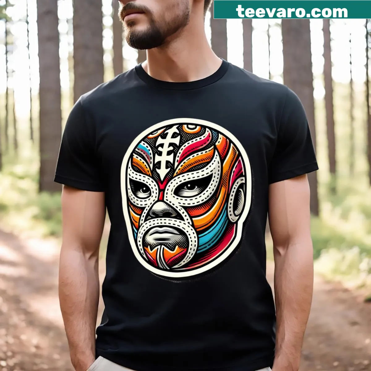 T-shirt featuring a vibrant luchador mask design — on a men's t-shirt