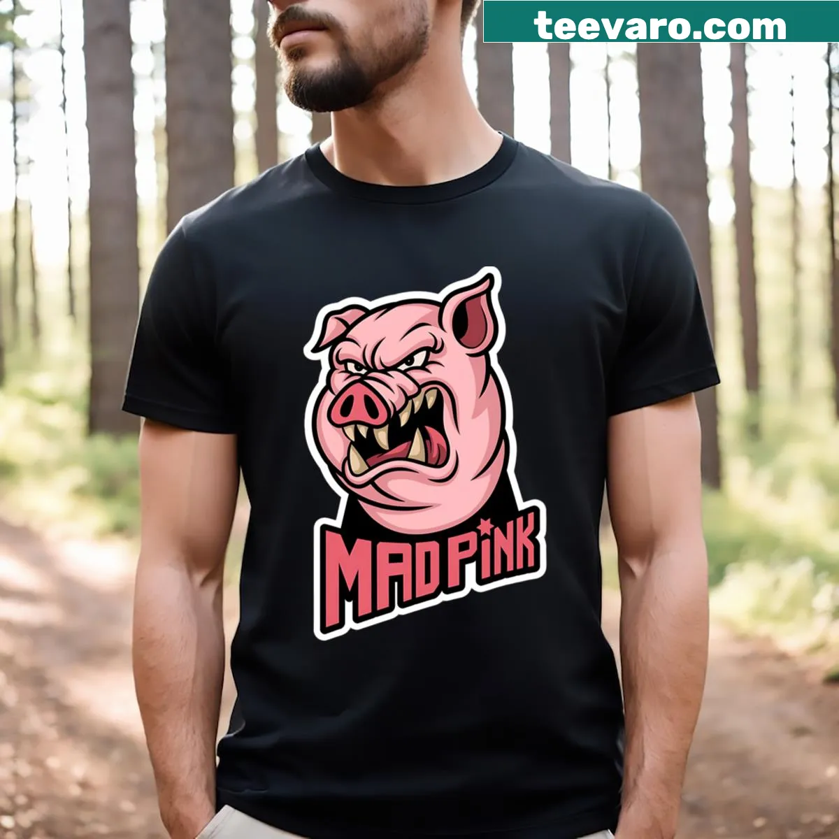 Cute pink pig logo T-shirt design — on a men's t-shirt