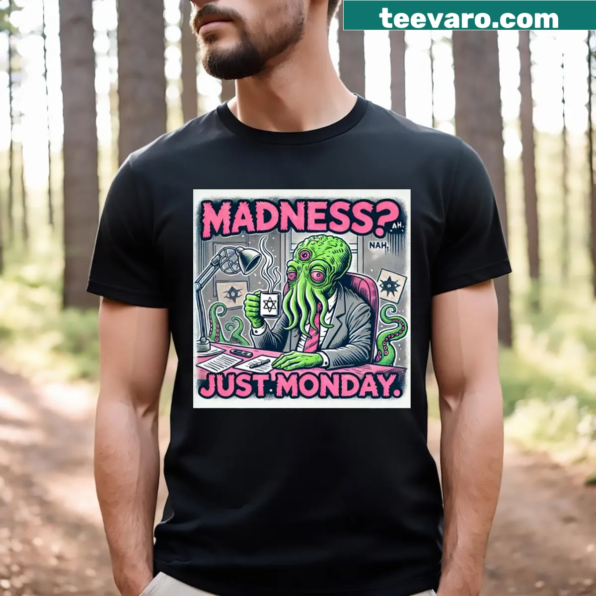 Cthulhu character with funny text about Mondays on T-shirt — on a men's t-shirt