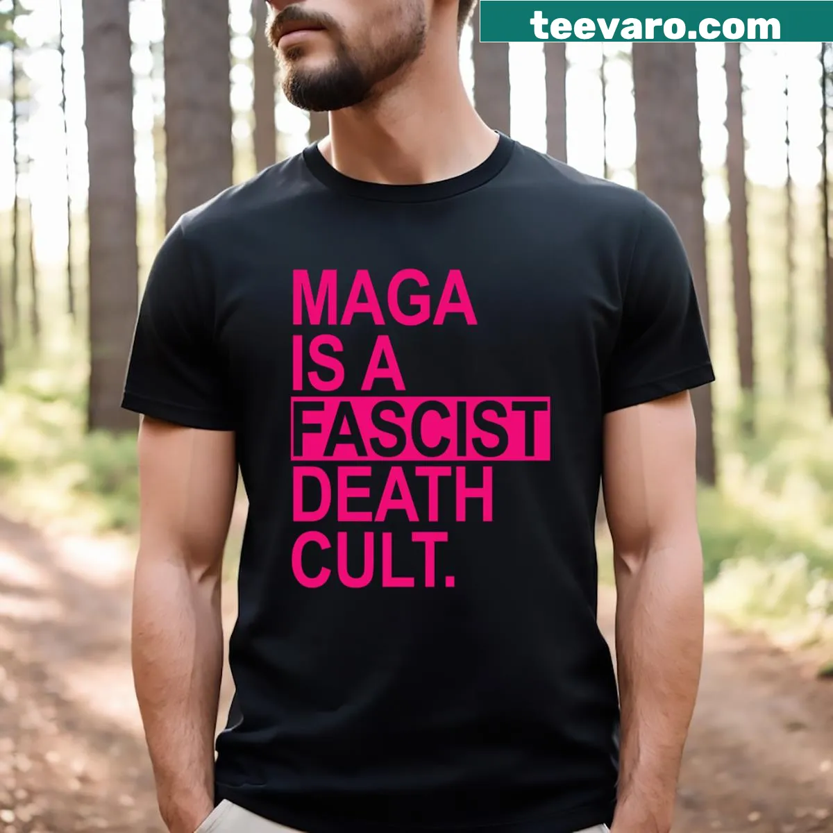 Boldly printed slogan T-shirt reading 'Maga Is A Fascist Death Cult' — on a men's t-shirt