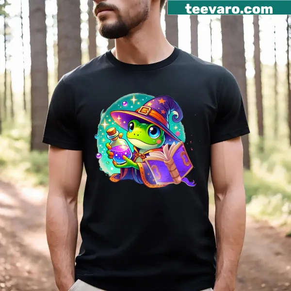 Whimsical wizard frog illustration on a T-shirt