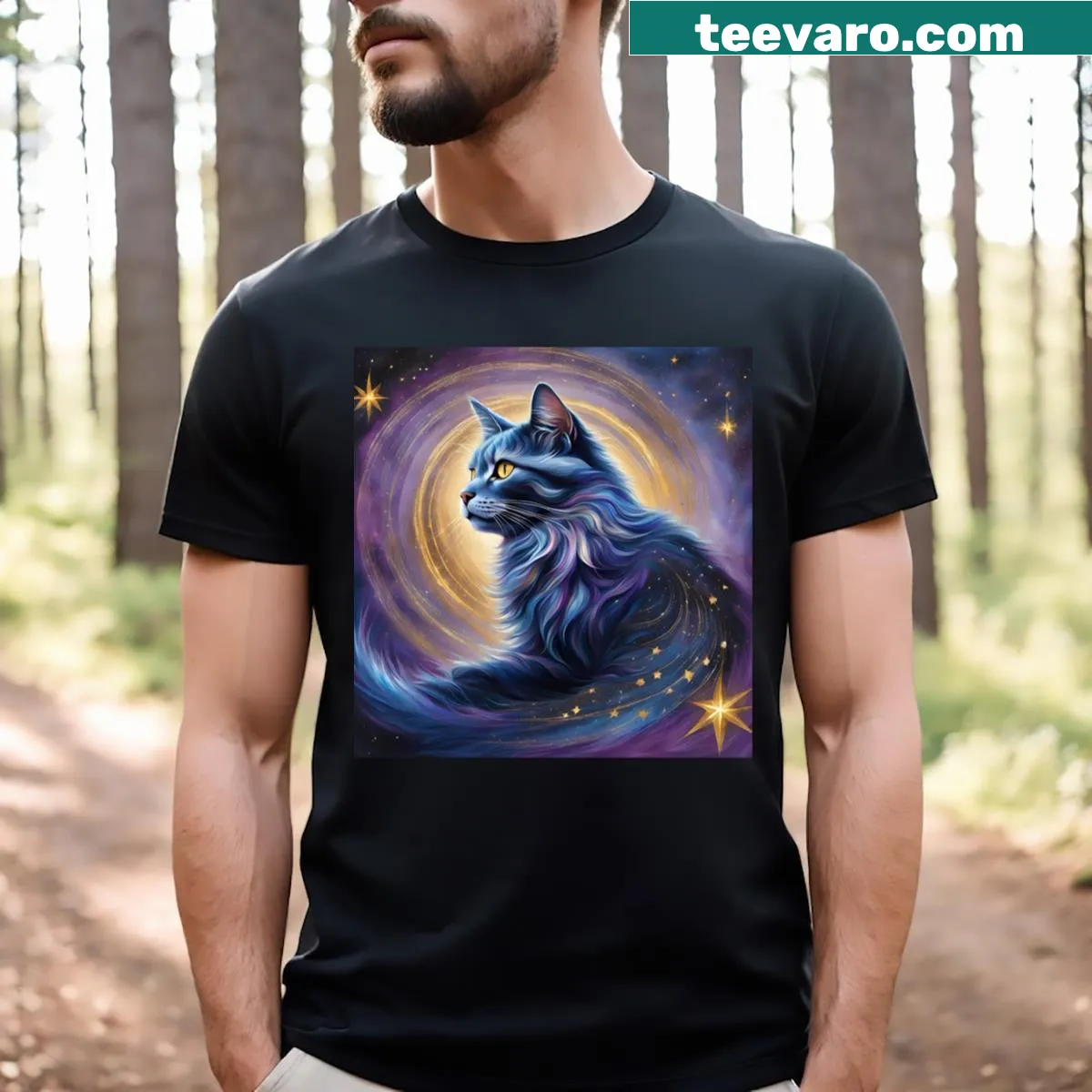 Illustrated cat surrounded by golden stars on a t-shirt — on a men's t-shirt