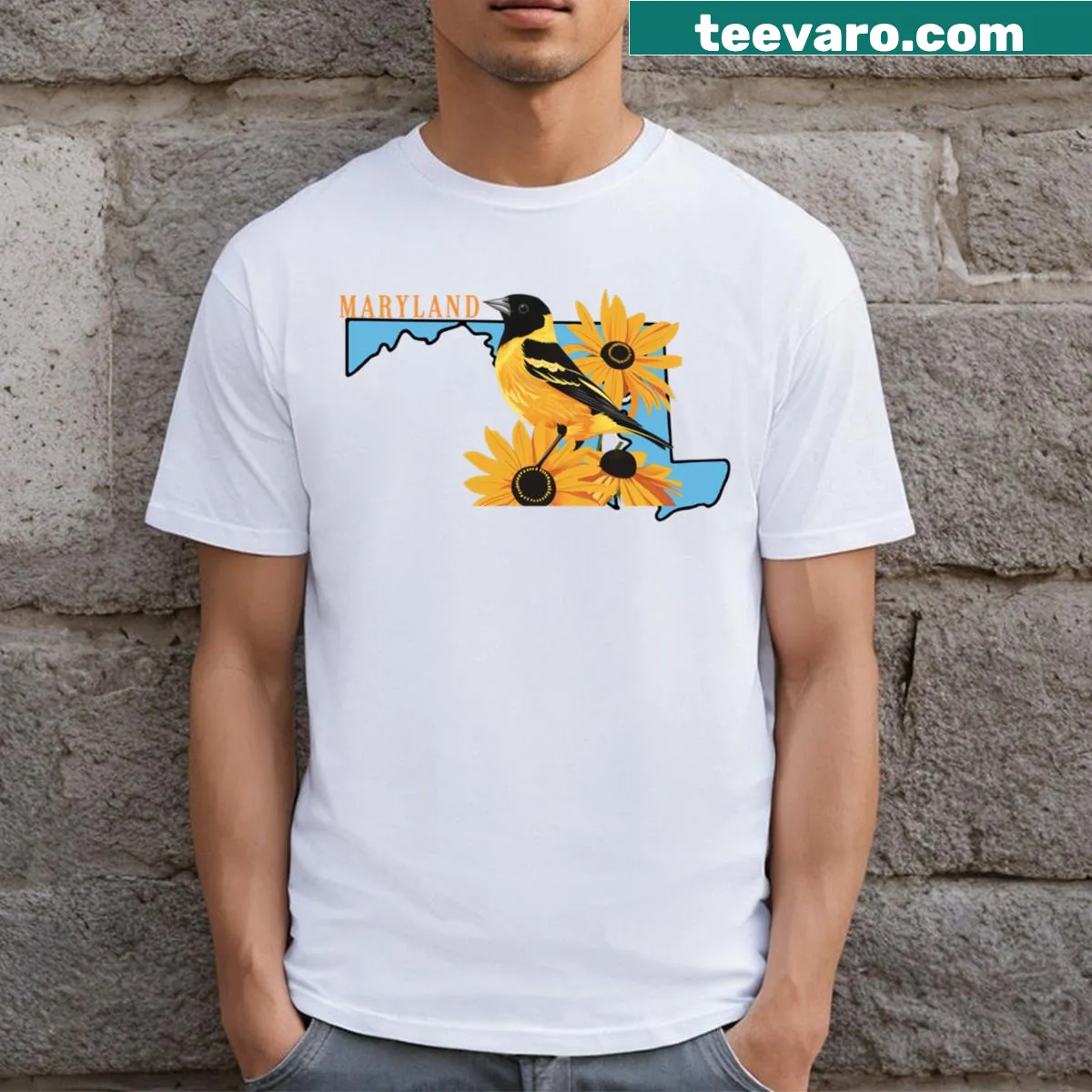 Illustrated Maryland state bird and flower on a T-shirt — on a men's t-shirt