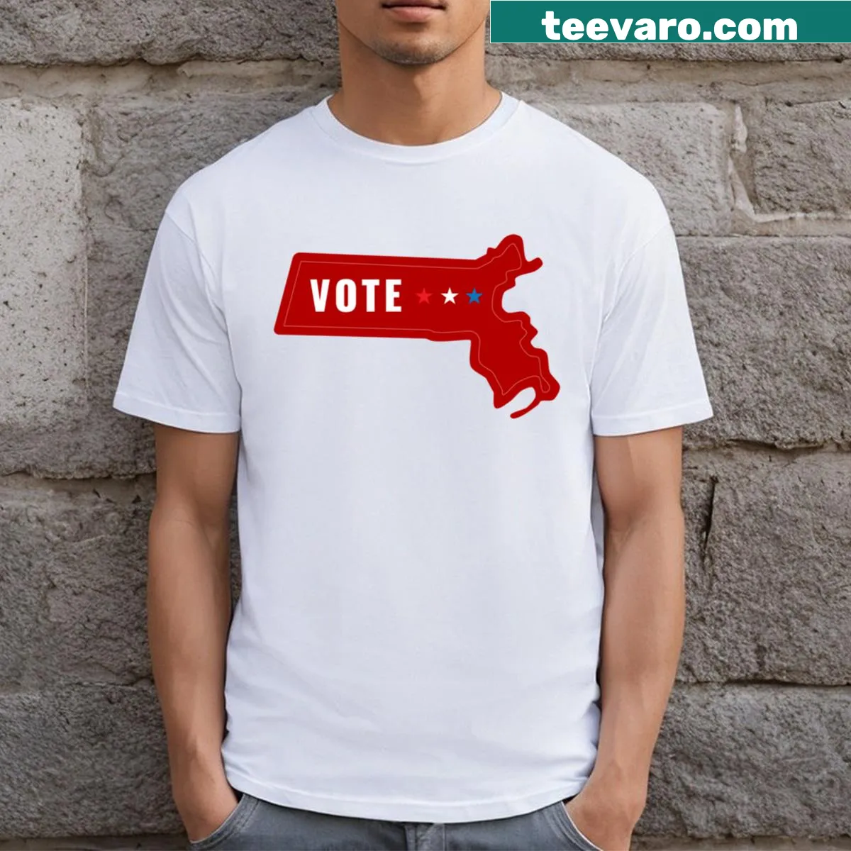 Patriotic T-shirt with 'Massachusetts Patriot - Vote Republican' text — on a men's t-shirt