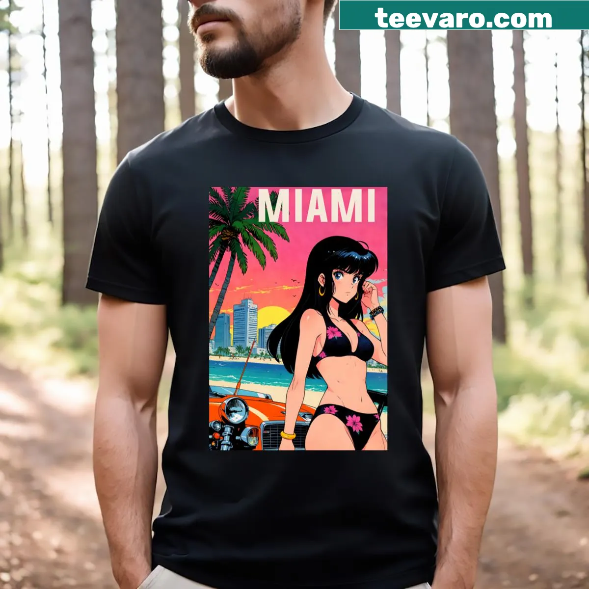Retro anime girl T-shirt inspired by Miami Beach and 80s vibes — on a men's t-shirt