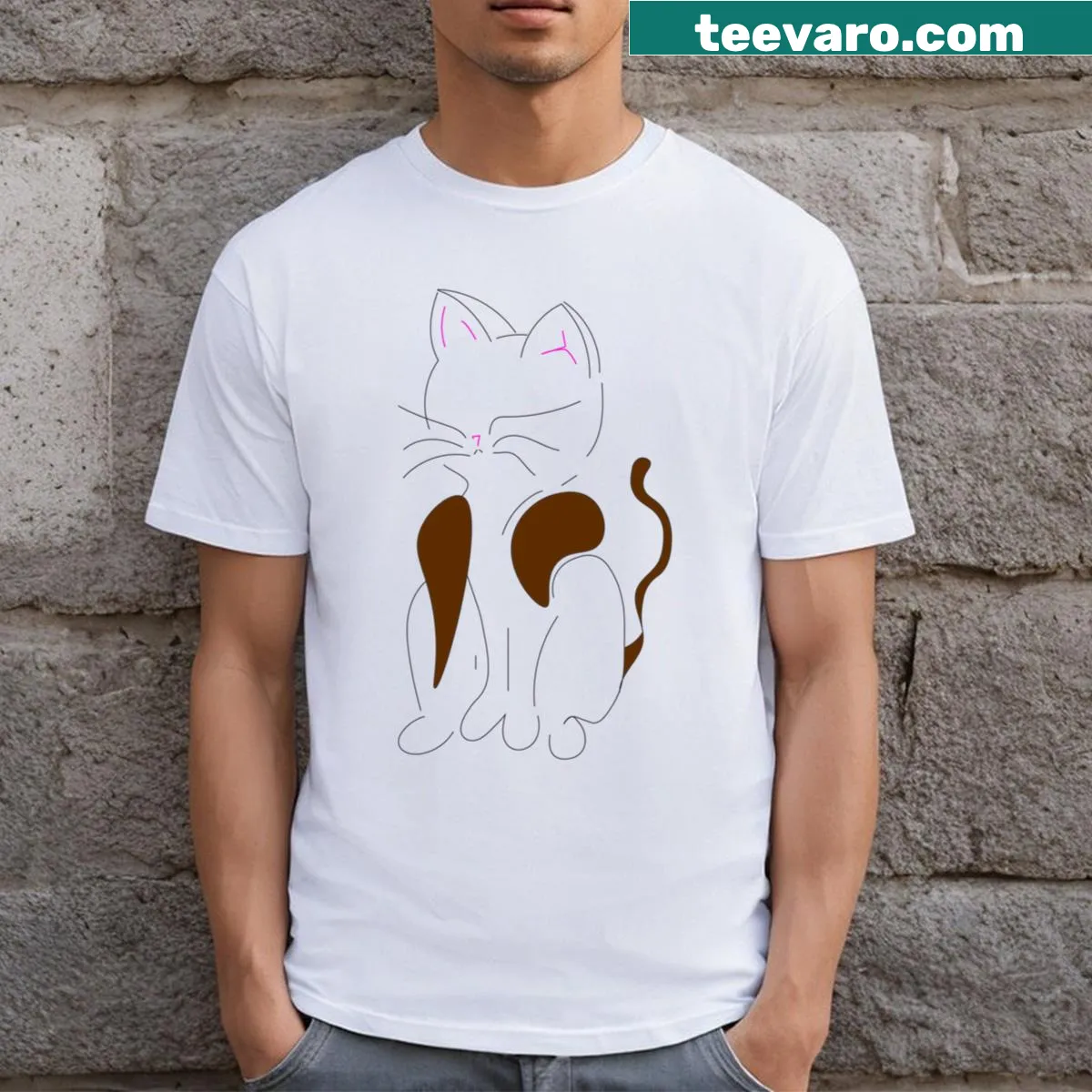 Minimalist cat silhouette graphic on a brown T-shirt — on a men's t-shirt