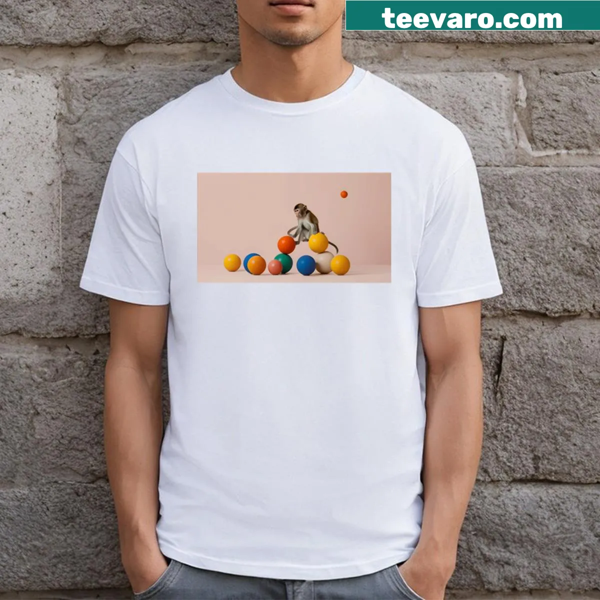 Cartoon T-shirt featuring a playful monkey with balls — on a men's t-shirt