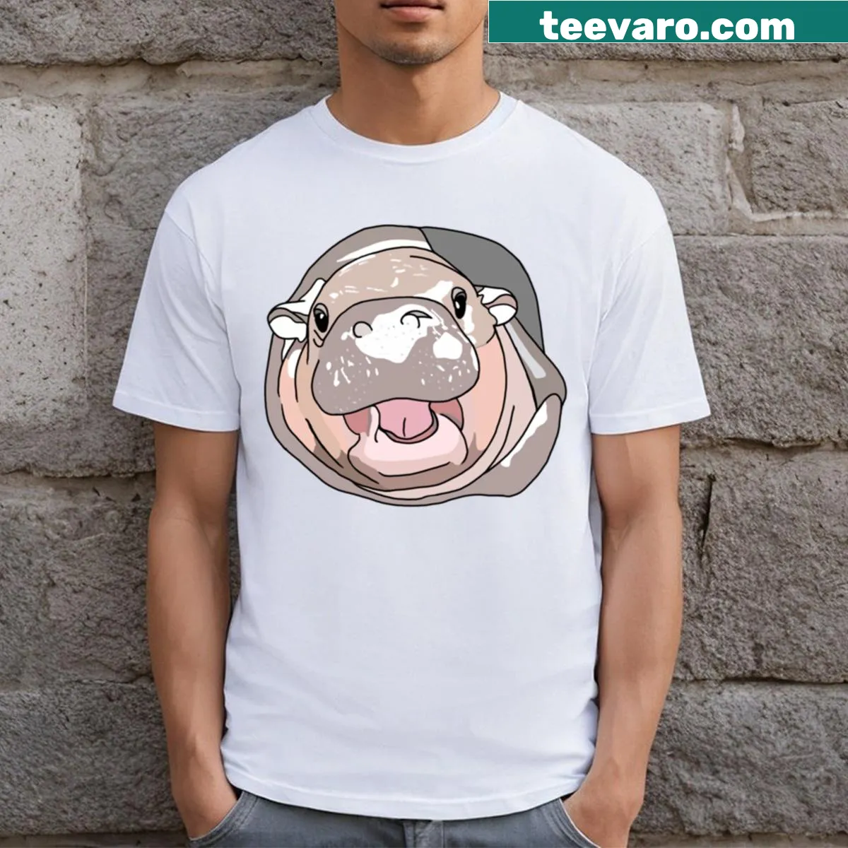 Cartoon depiction of a pigmy hippopotamus on a T-shirt — on a men's t-shirt