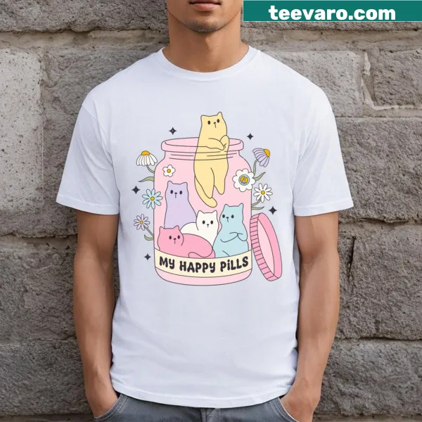 Text design saying 'My Happy Pills' on a T-shirt