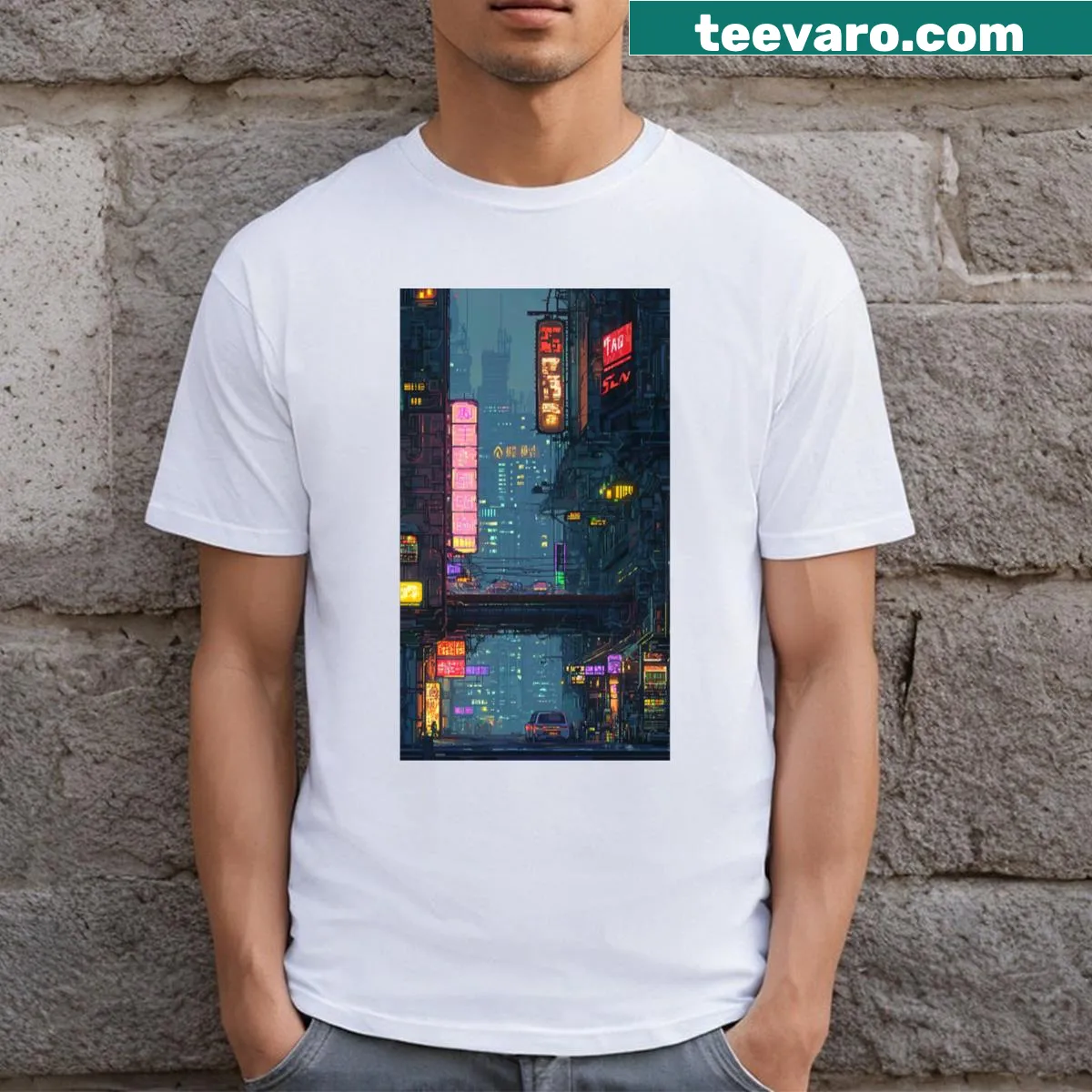 Futuristic cityscape illustration on a T-shirt inspired by neon dreams — on a men's t-shirt