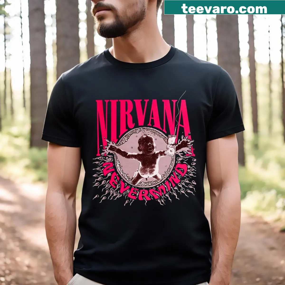 Vintage distressed T-shirt featuring Nirvana Nevermind album art — on a men's t-shirt