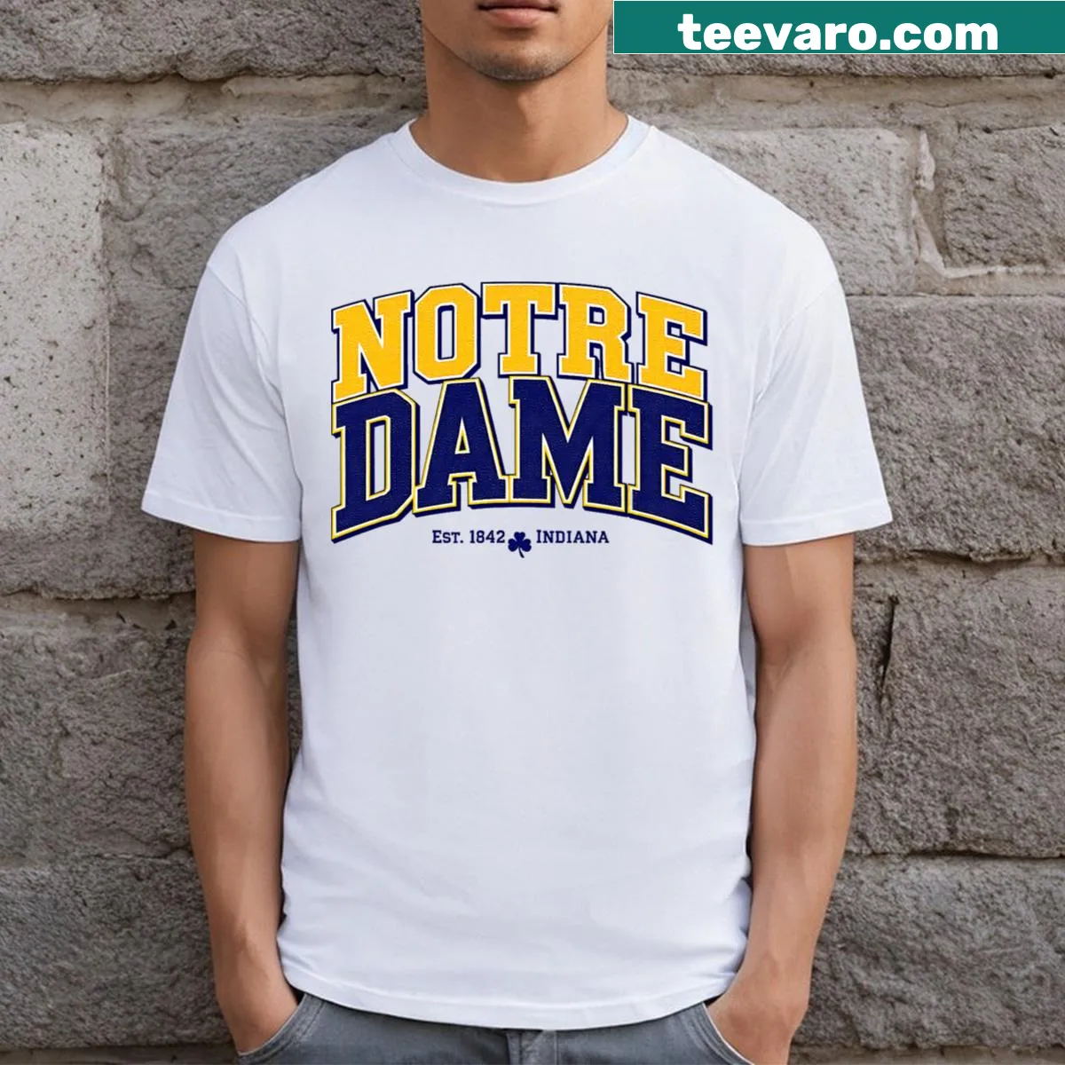 Vintage Notre Dame Indiana tee with 'Est 1842' design — on a men's t-shirt