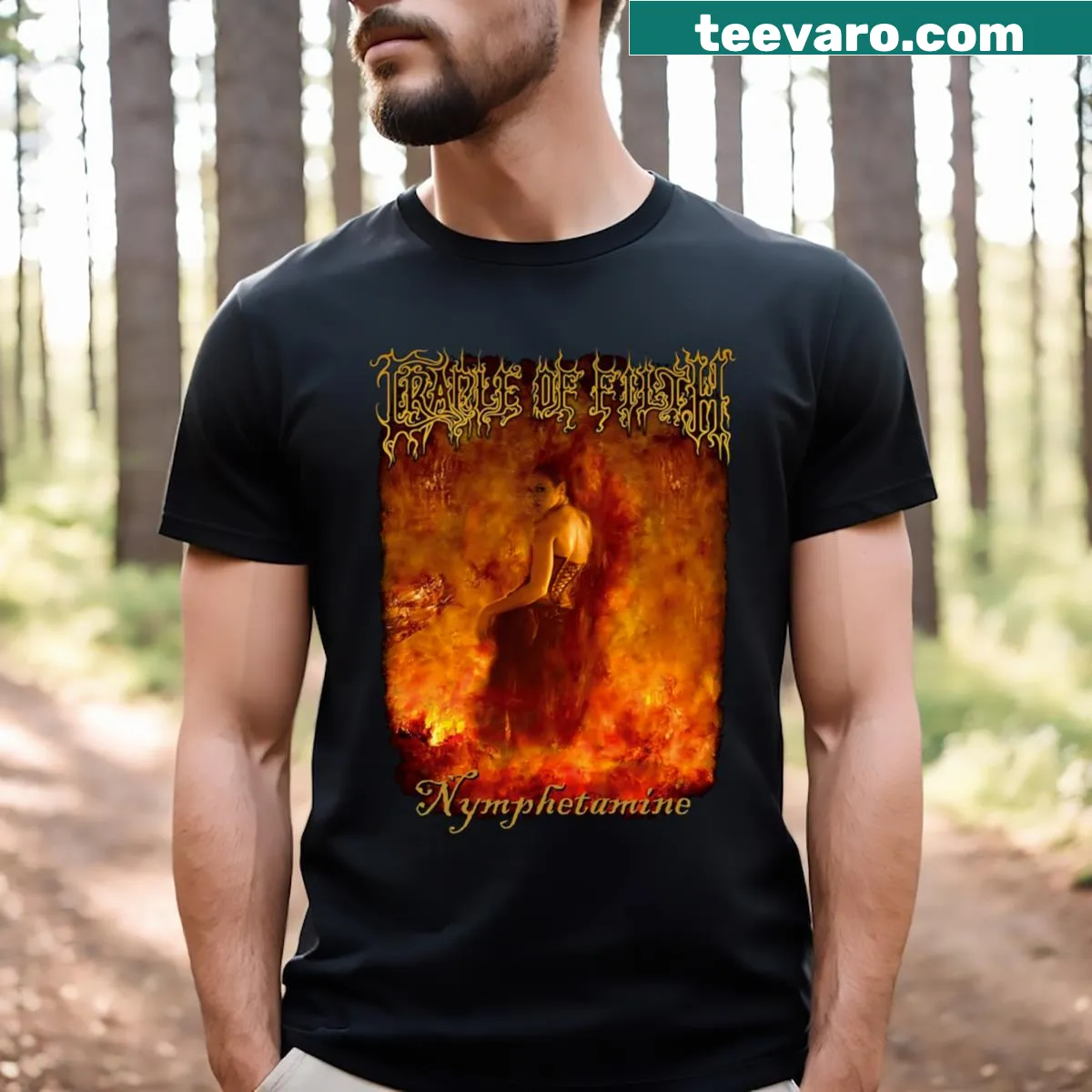 Illustrative Nymphetamine Cradle Of Filth T-shirt design — on a men's t-shirt