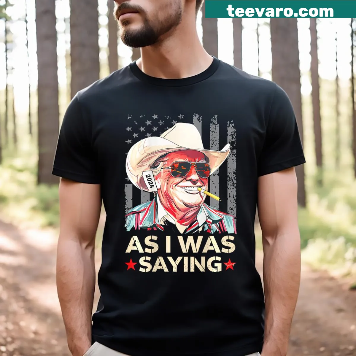 Political T-shirt with cowboy and Trump phrase — on a men's t-shirt