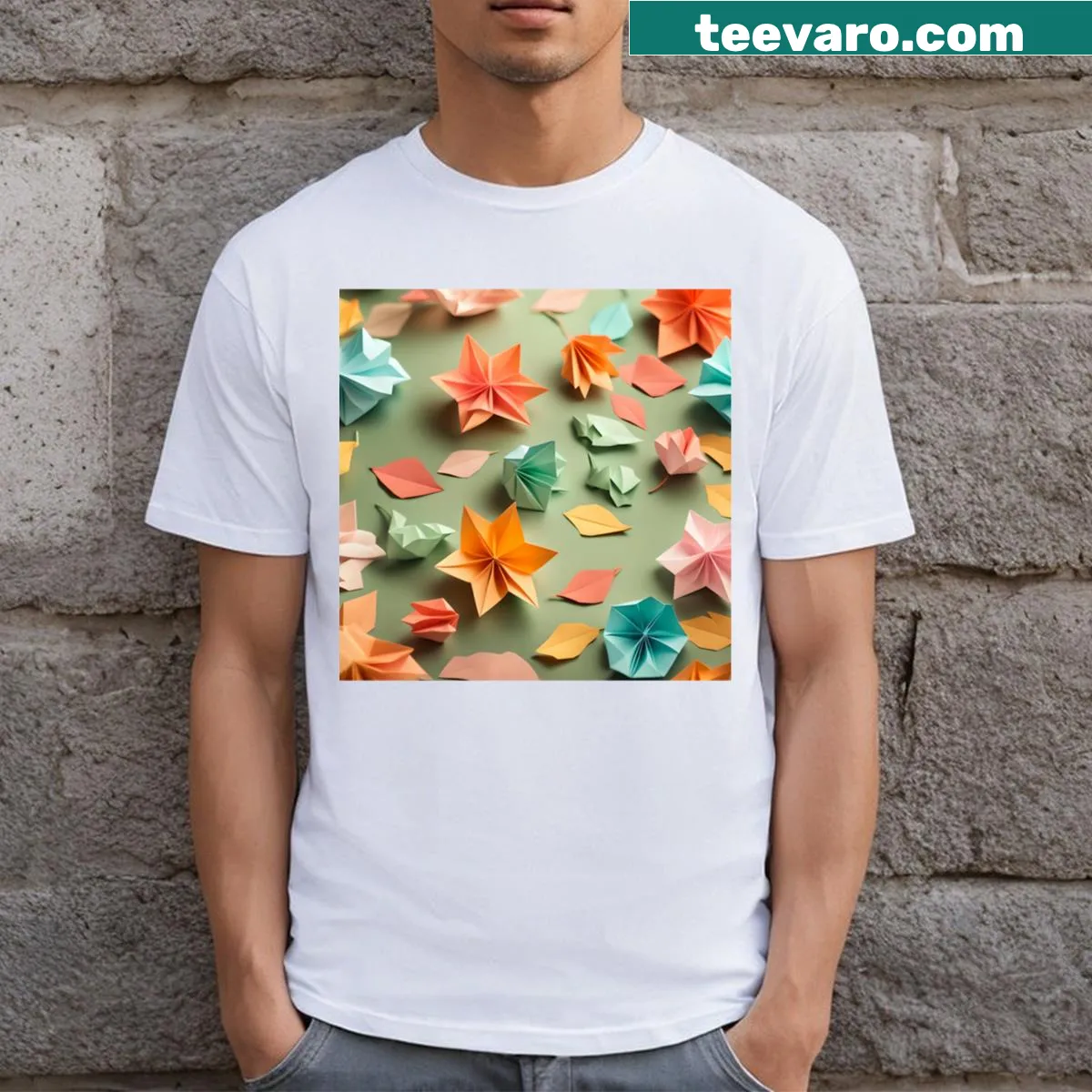 Origami art design T-shirt featuring autumn leaves — on a men's t-shirt