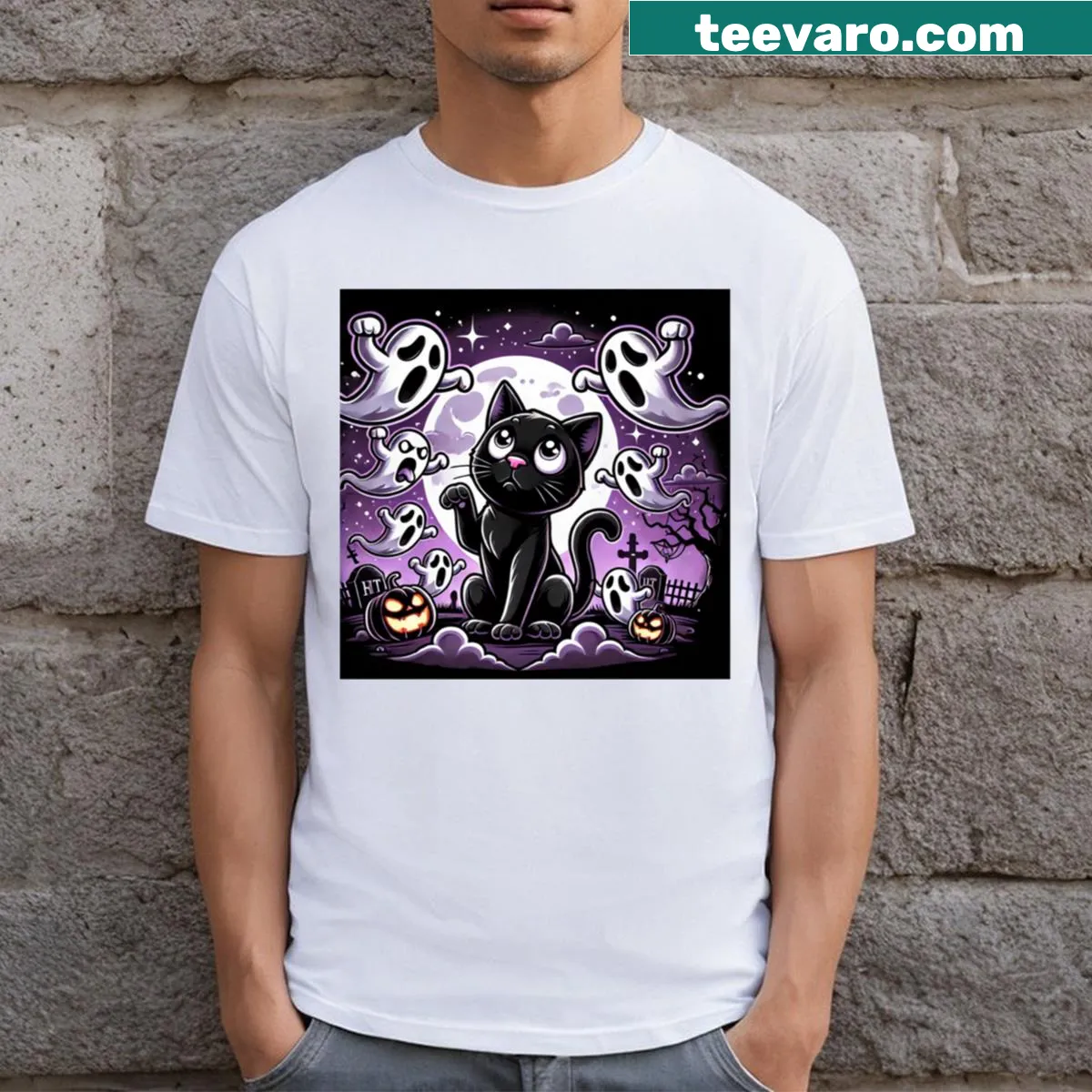 T-shirt featuring a cat in Halloween attire surrounded by pumpkins — on a men's t-shirt