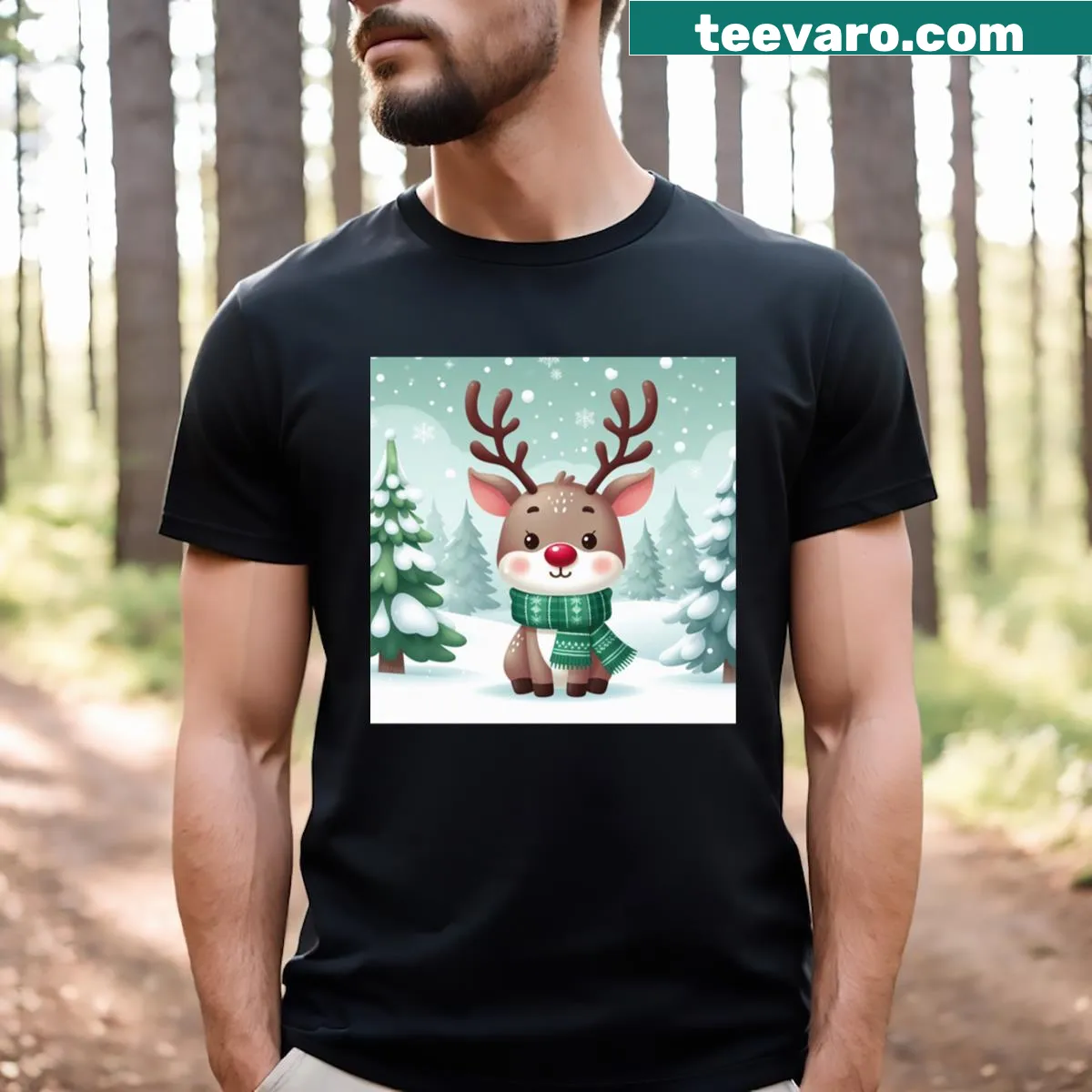 T-shirt with an adorable Christmas reindeer illustration — on a men's t-shirt