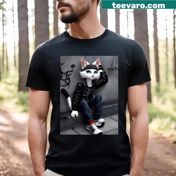 Angular cat graphic in street art style on a t-shirt