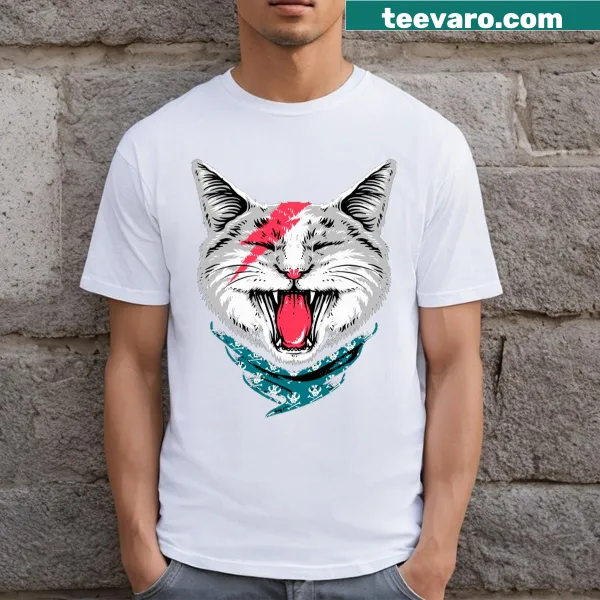 Cartoon cat T-shirt depicting Ziggy Stardust theme for cat lovers