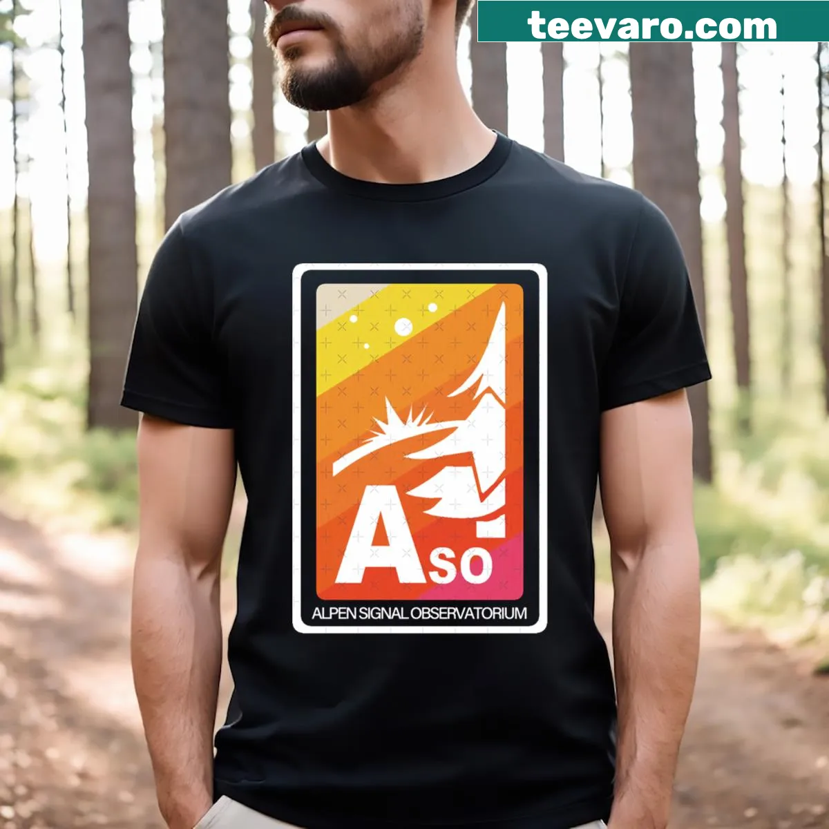 Illustrated t-shirt design featuring the Aso Alpen Signal Observatorium — on a men's t-shirt