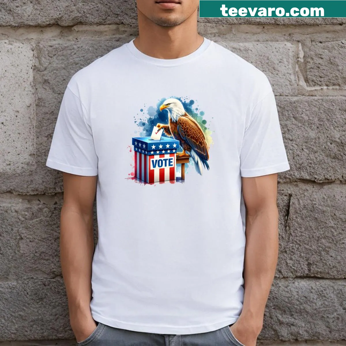Bald eagle voting graphic on a nature-themed t-shirt — on a men's t-shirt
