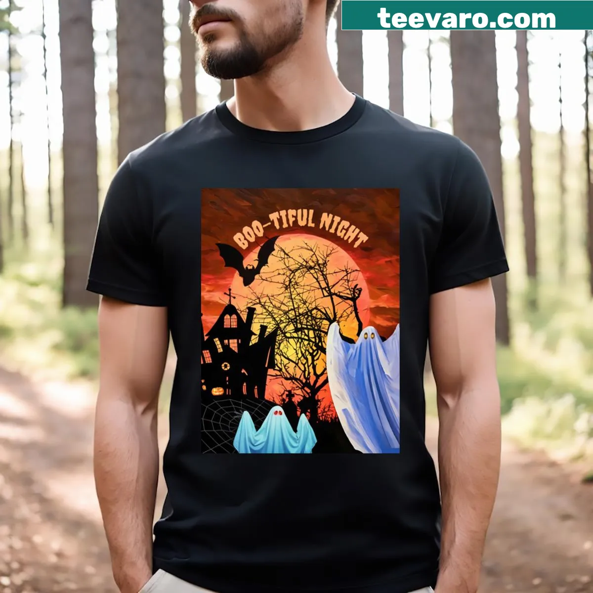 Charming Halloween scene T-shirt featuring friendly ghosts and a moonlit sky — on a men's t-shirt