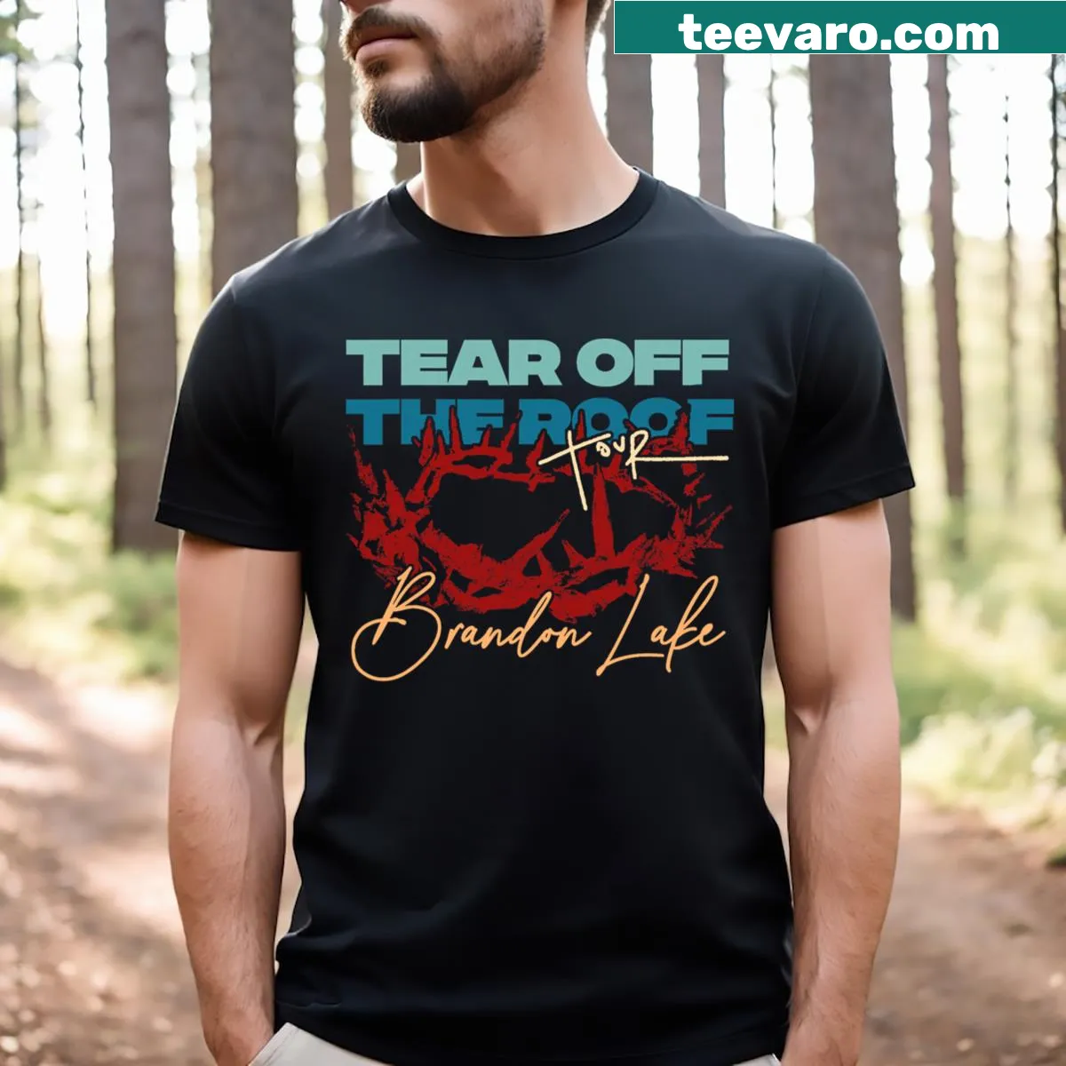 Music-themed T-shirt with the phrase Tear Off The Roof — on a men's t-shirt