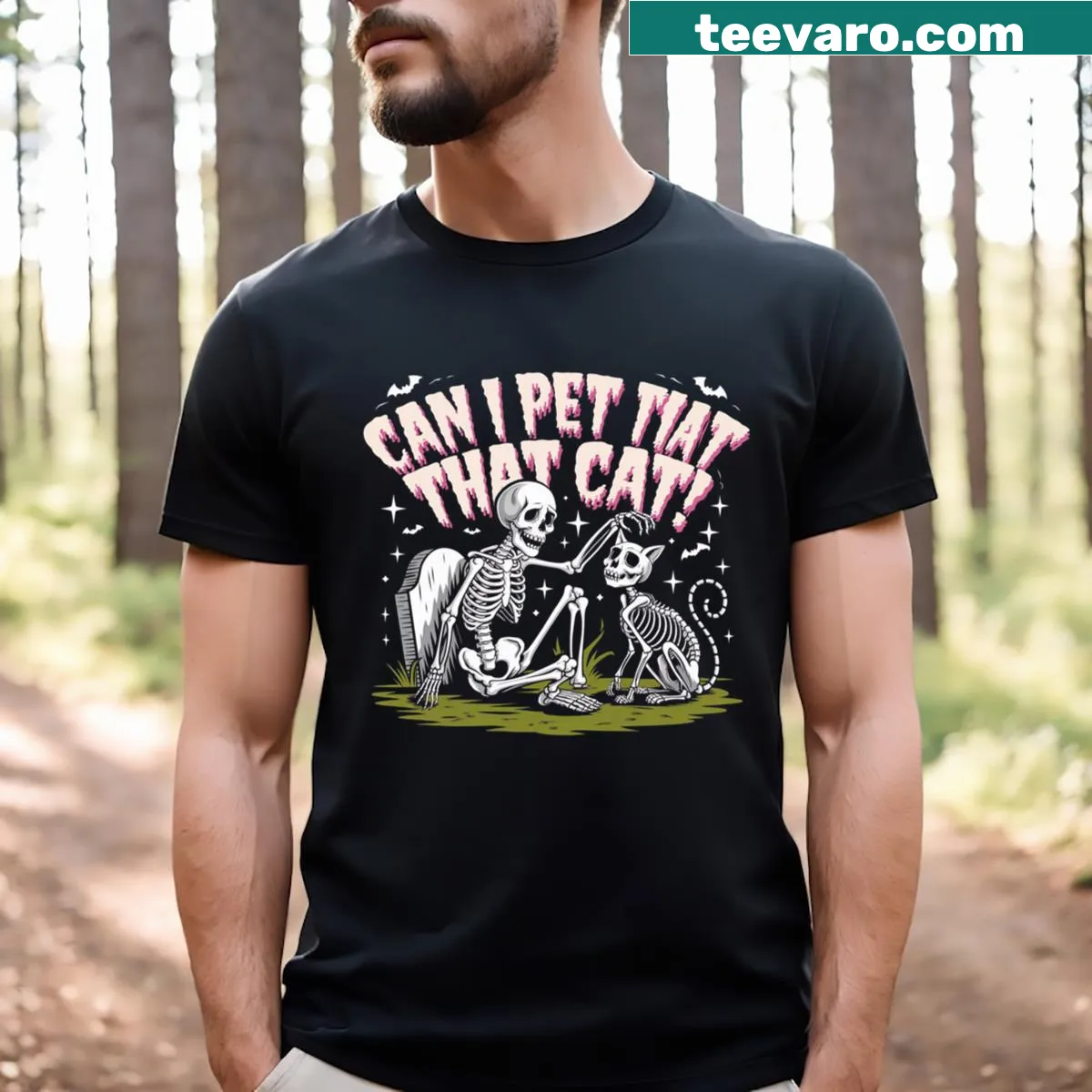 Funny skeleton cat design T-shirt for Halloween lovers — on a men's t-shirt