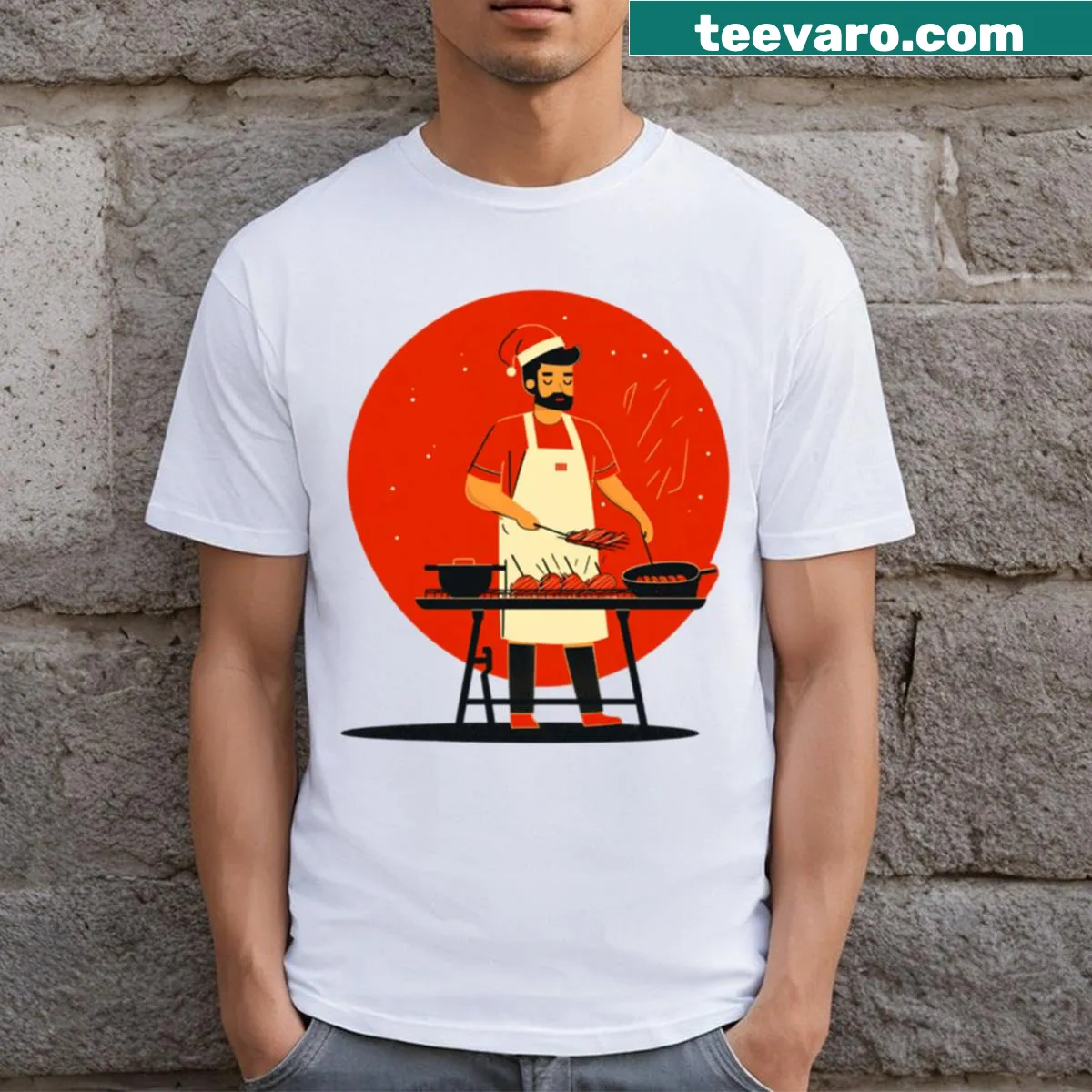 Funny Christmas BBQ Man T-shirt with festive grill graphics — on a men's t-shirt