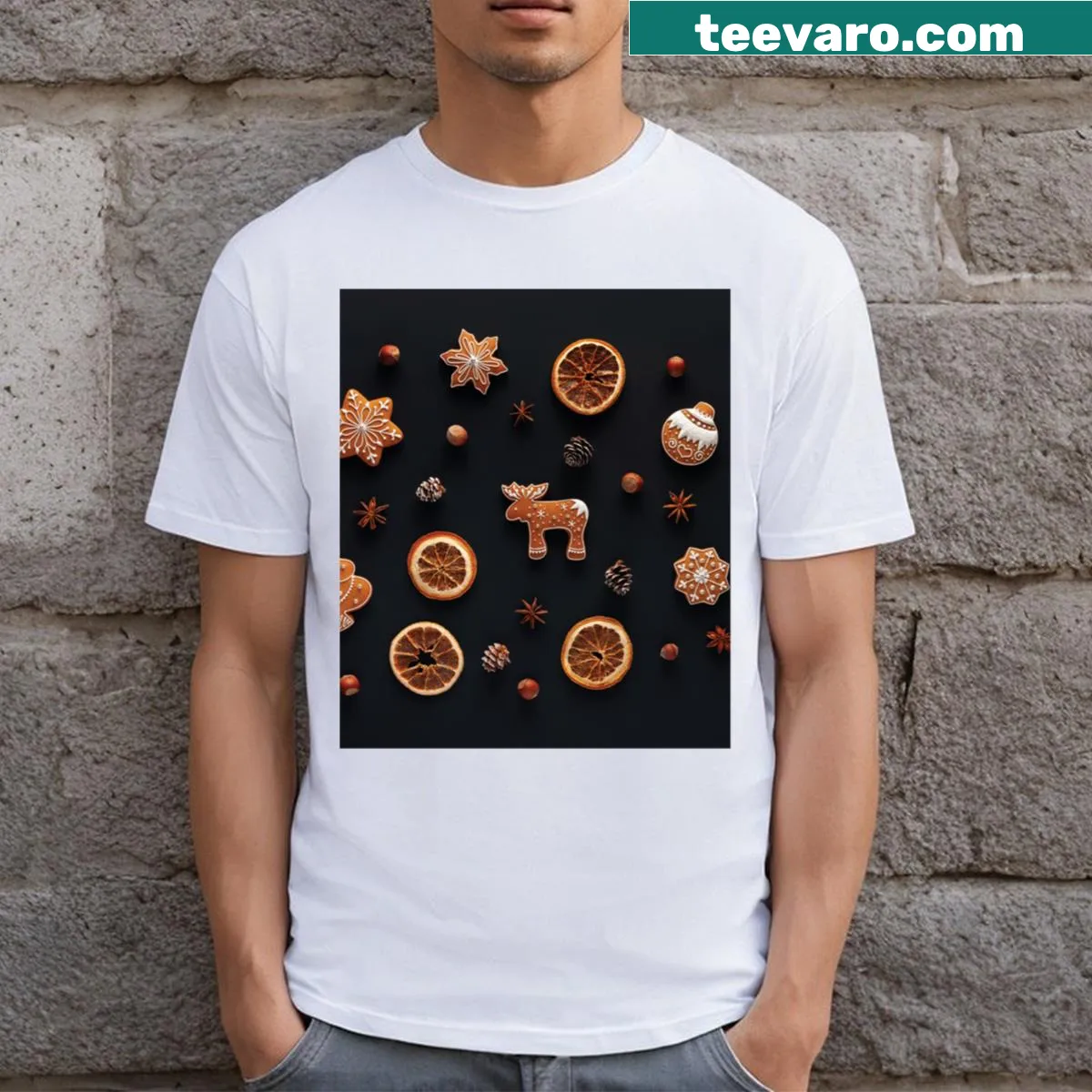 Minimalist long T-shirt with an abstract Christmas color pattern — on a men's t-shirt