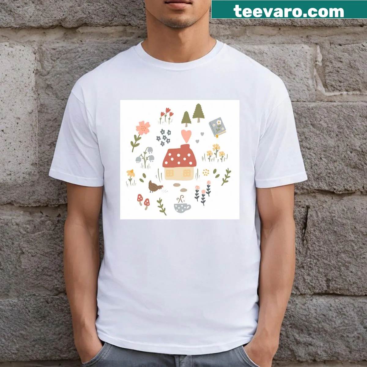 Charming country cottage illustration T-shirt — on a men's t-shirt