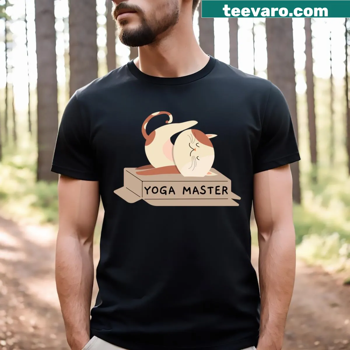 Illustration of a cute cat in a yoga pose on a T-shirt — on a men's t-shirt