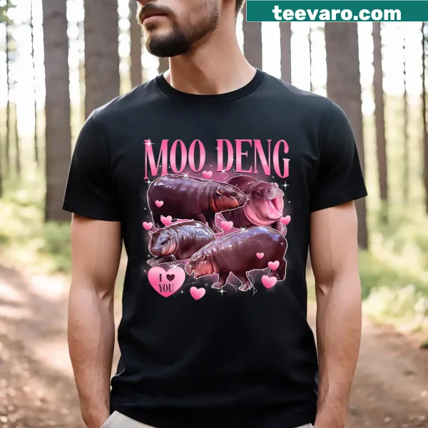 I Love Moo Deng T-shirt featuring a cute baby hippo illustration