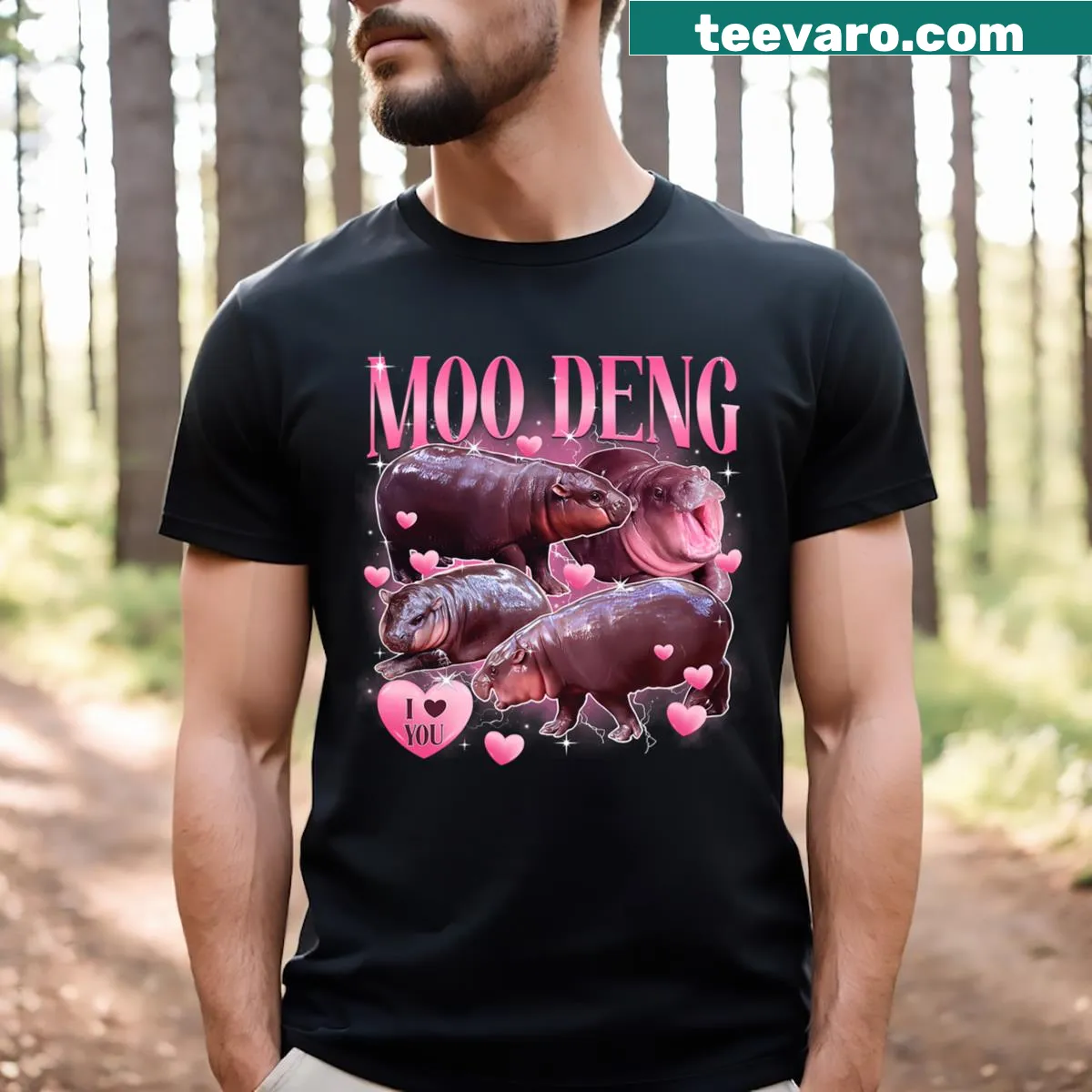 I Love Moo Deng T-shirt featuring a cute baby hippo illustration — on a men's t-shirt