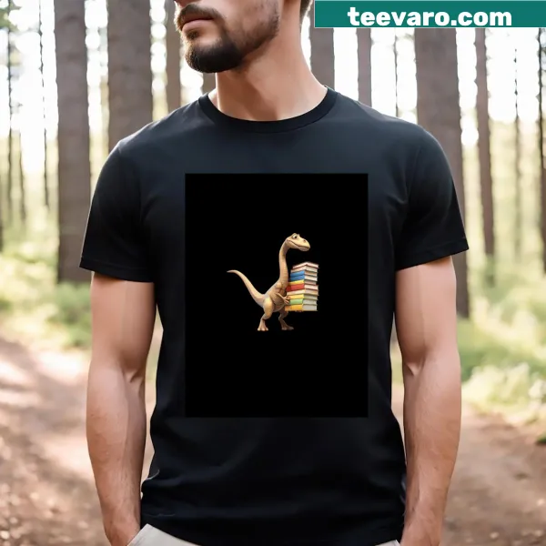 Whimsical dinosaur graphic with glasses and books on T-shirt