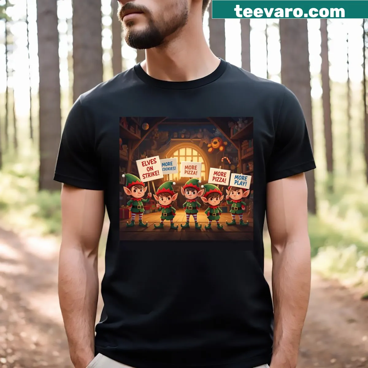 Funny Christmas t-shirt with elves on strike for treats design — on a men's t-shirt