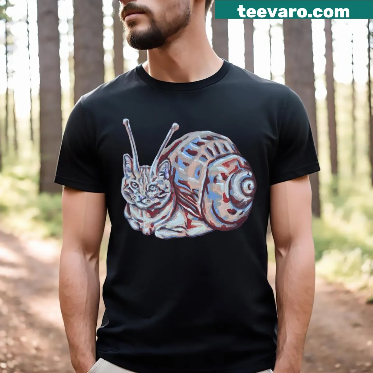 Whimsical t-shirt featuring a fat orange cat riding a snail — on a men's t-shirt