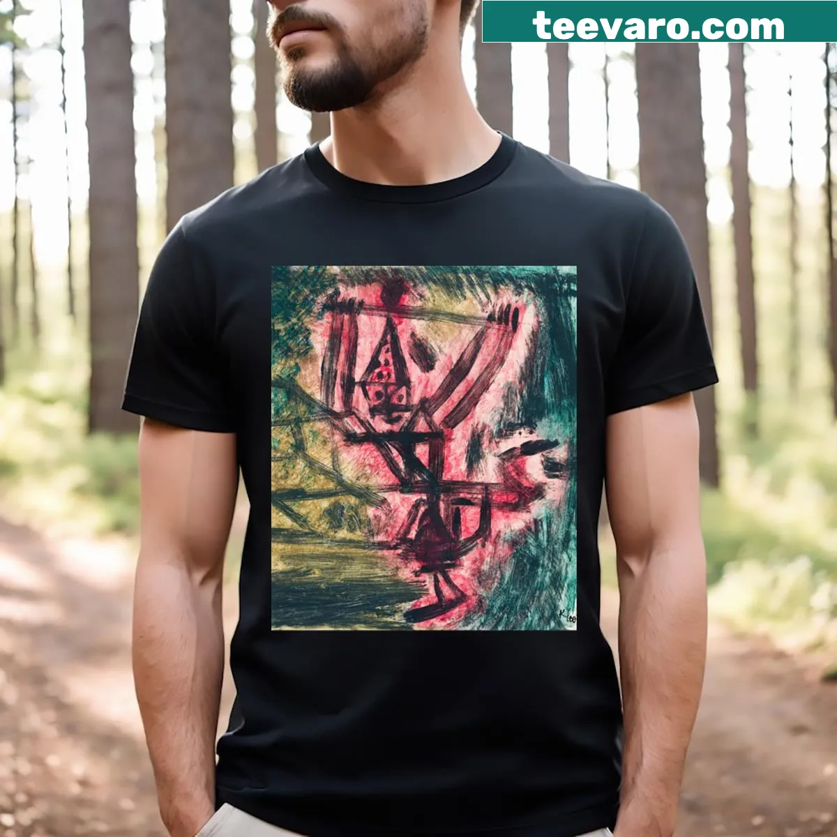 T-shirt featuring Paul Klee's Fire Clown artwork — on a men's t-shirt