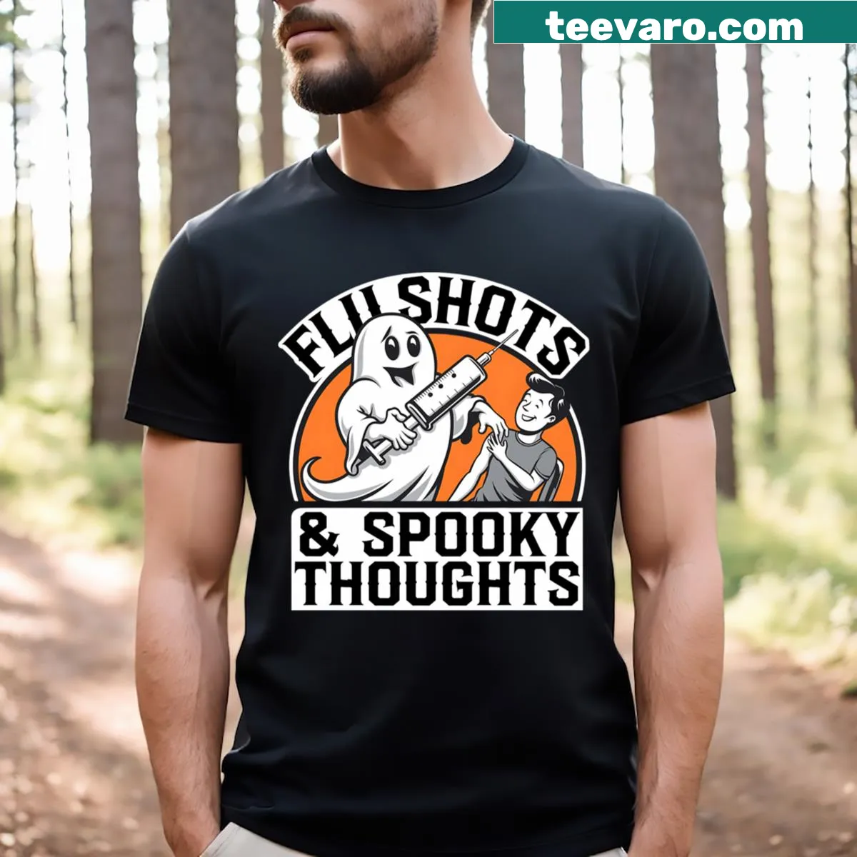 Funny Flu Shots Halloween text design on T-shirt — on a men's t-shirt
