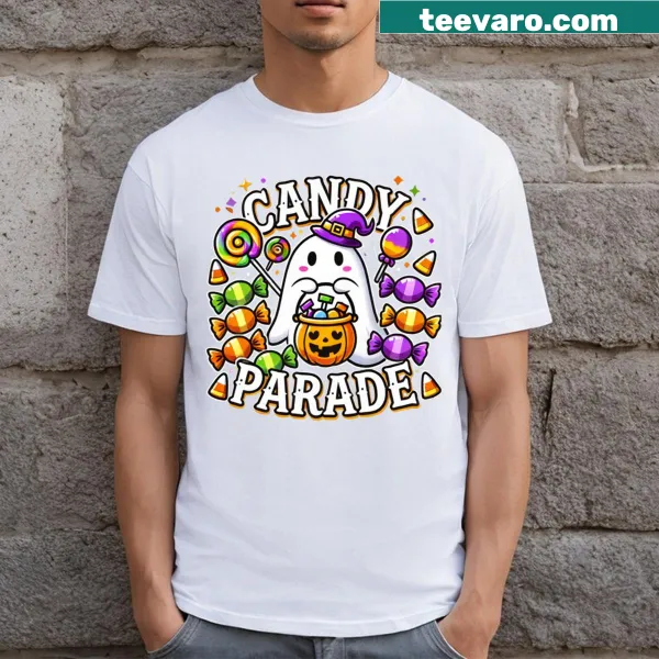 Whimsical ghost leading candy parade design on T-shirt