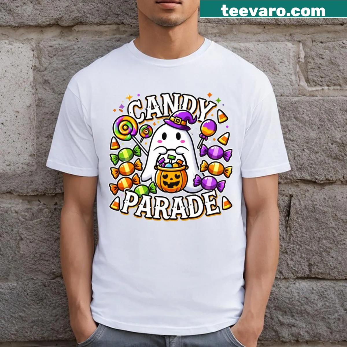 Whimsical ghost leading candy parade design on T-shirt — on a men's t-shirt