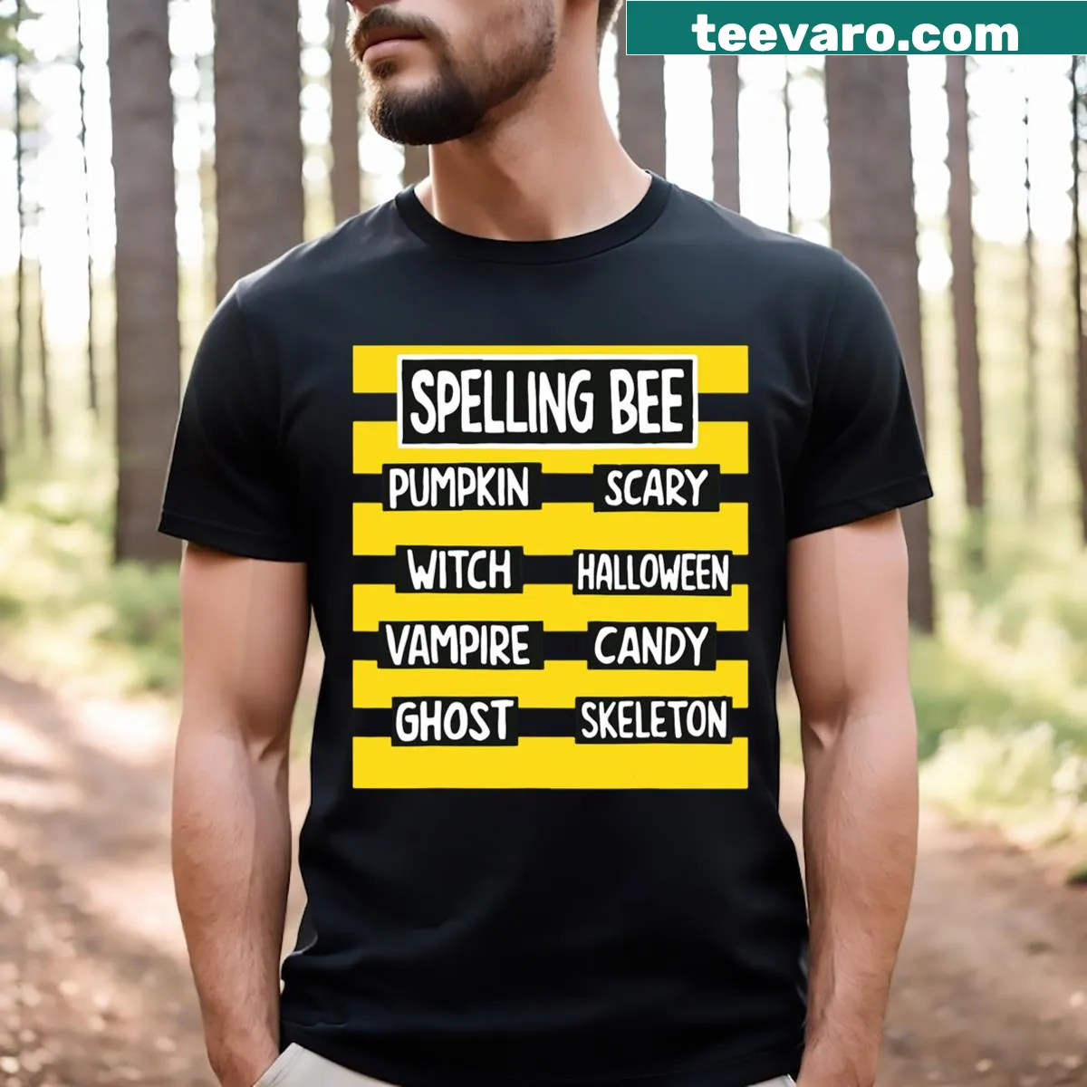 Teacher Halloween T-shirt with a funny Spelling Bee pun design — on a men's t-shirt
