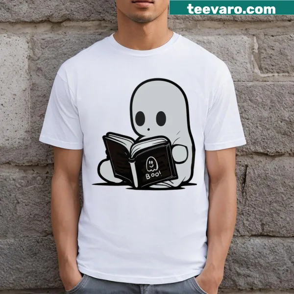 Charming T-shirt featuring a ghost reading a book illustration
