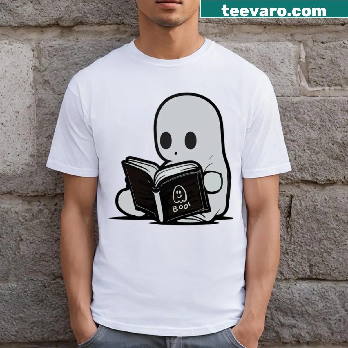 Charming T-shirt featuring a ghost reading a book illustration — on a men's t-shirt