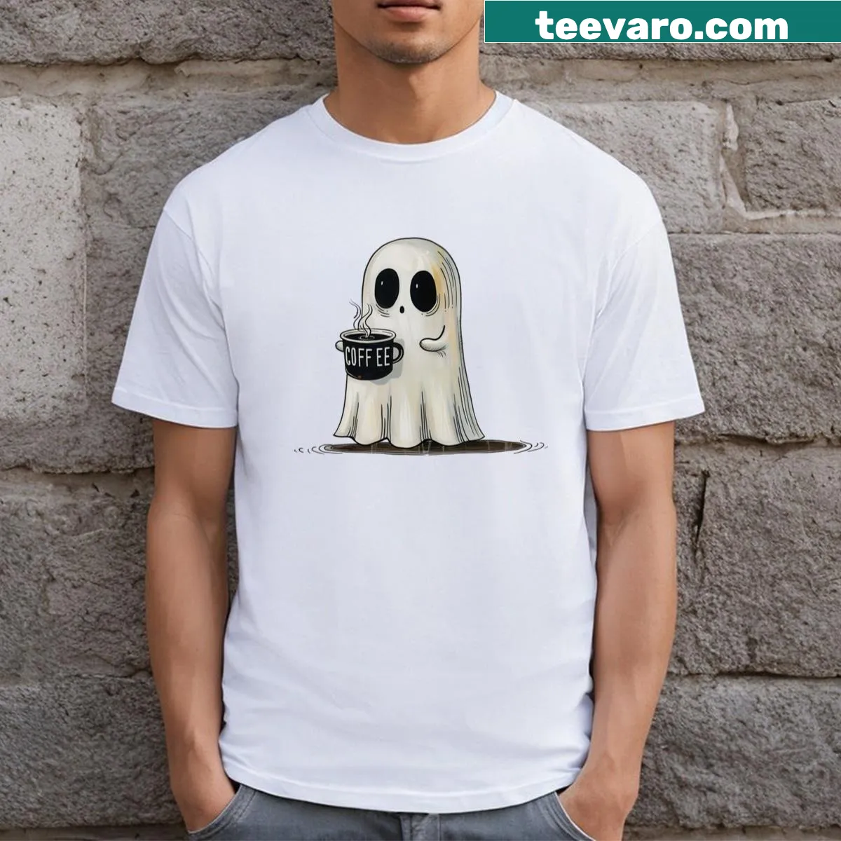 Whimsical T-shirt featuring a ghost enjoying coffee — on a men's t-shirt