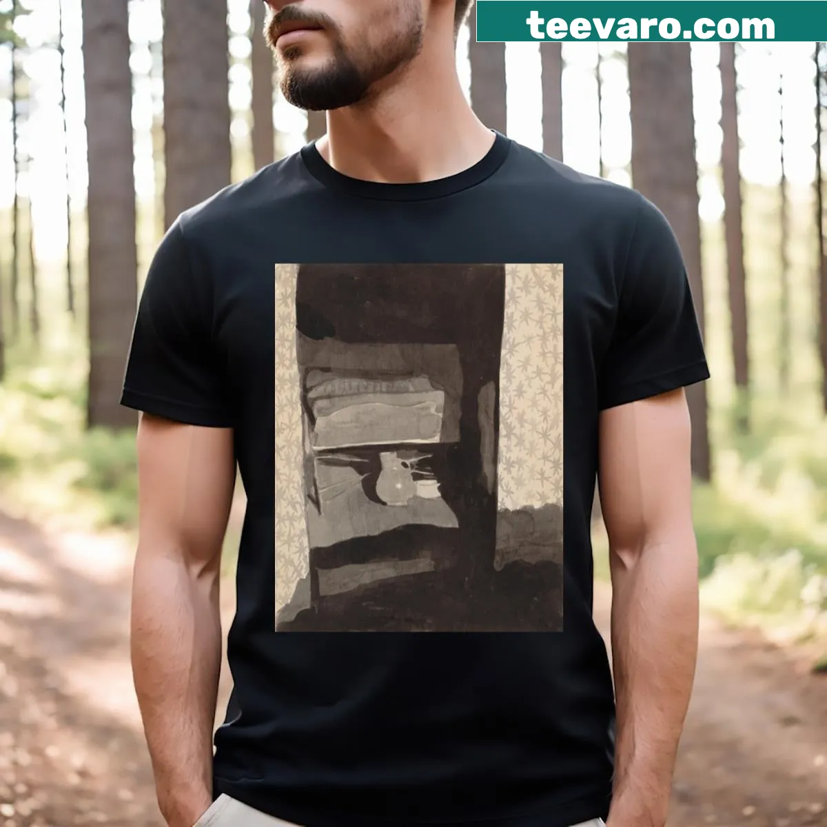 Art-inspired T-shirt featuring Paul Klee's 1908 painting of a bedroom — on a men's t-shirt