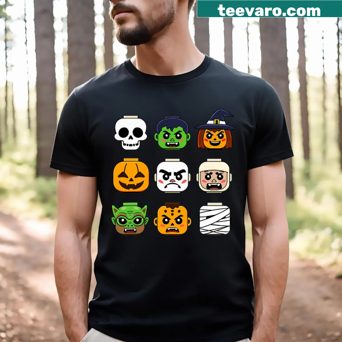 Cartoon t-shirt with building brick head pumpkin, ghost, and zombie — on a men's t-shirt