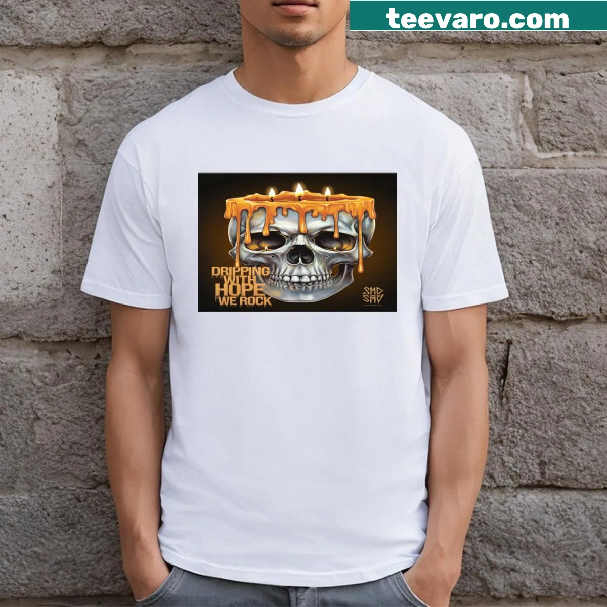 Skull dripping candle graphic for Halloween T-shirt — on a men's t-shirt