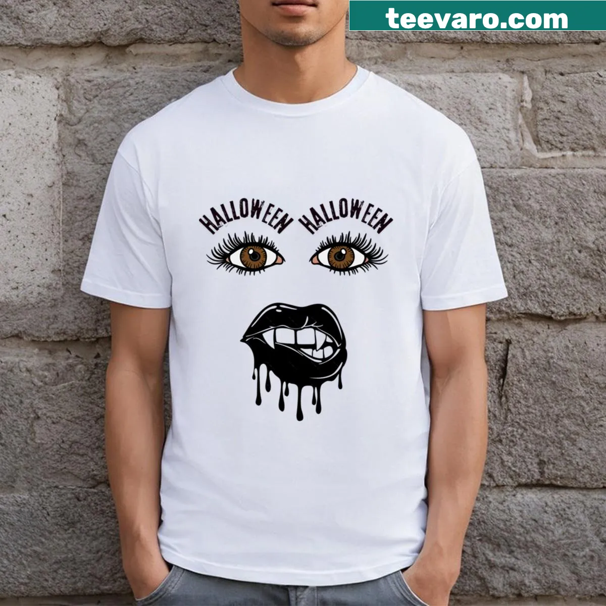 Minimalist vampire graphic t-shirt for Halloween — on a men's t-shirt