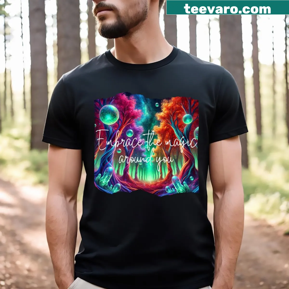 Artistic Halloween t-shirt featuring a moonlit forest scene — on a men's t-shirt